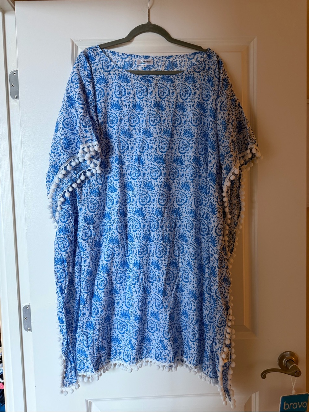 Blue Printed Pom-Pom Swim Coverup Tunic - Lightweight Beach Caftan